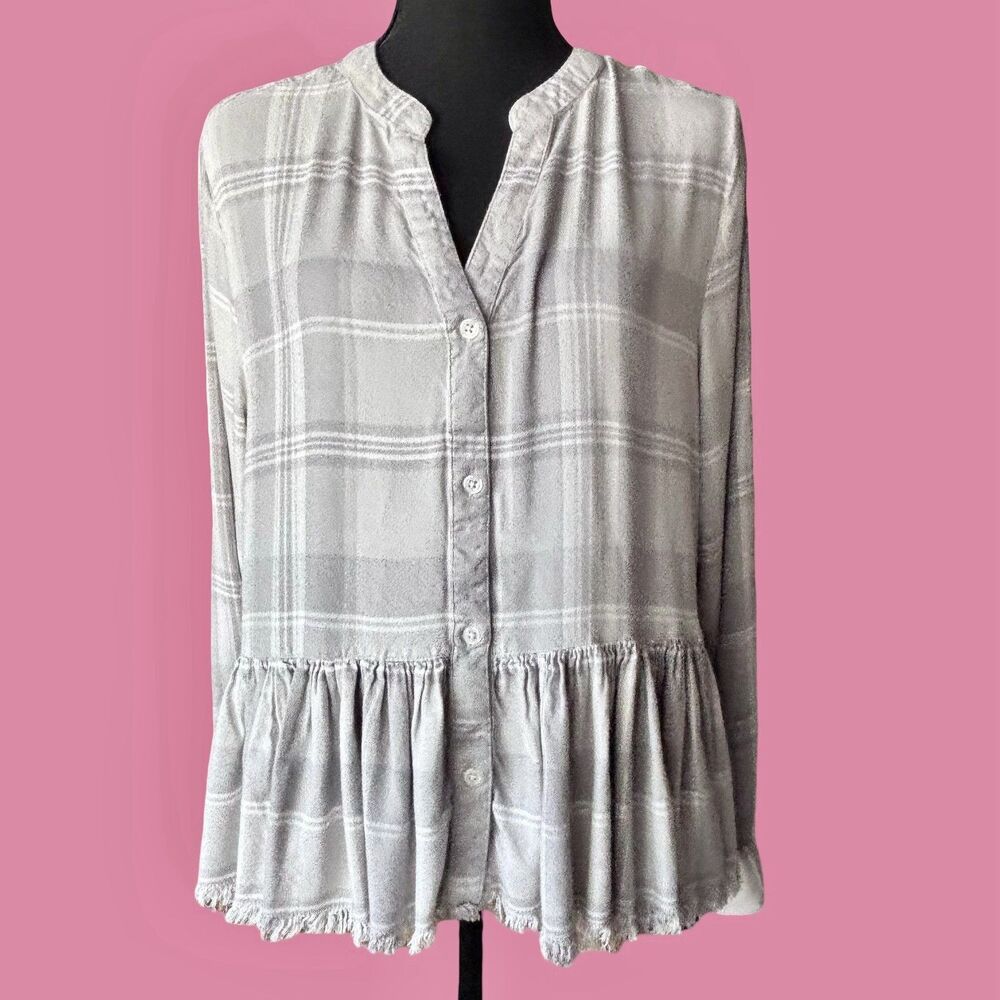 MUD PIE Prescott Flannel Top Gray Plaid Peplum Waist Frayed Hem